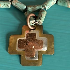 Artisan Handcrafted Turquoise Tube Bead Mixed Metal Cross Centerpiece Necklace